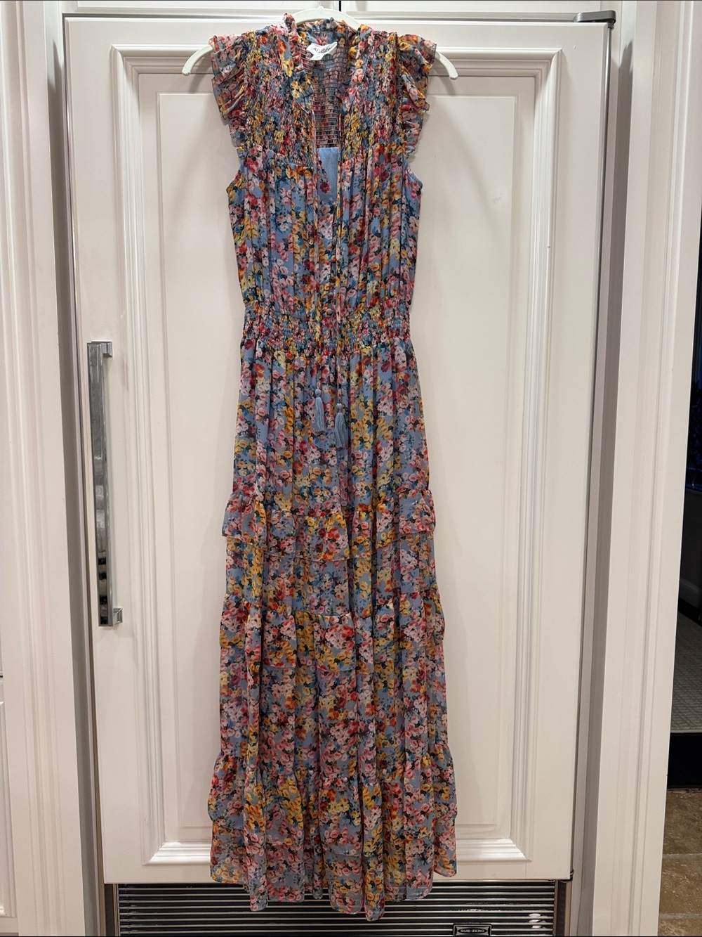 Blue Floral Smocked Maxi Dress with Tie Neck